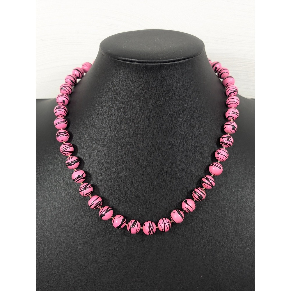 Vintage Pink Black Splatter Bead Necklace‎ 18" Retro Statement Chunky Y2K